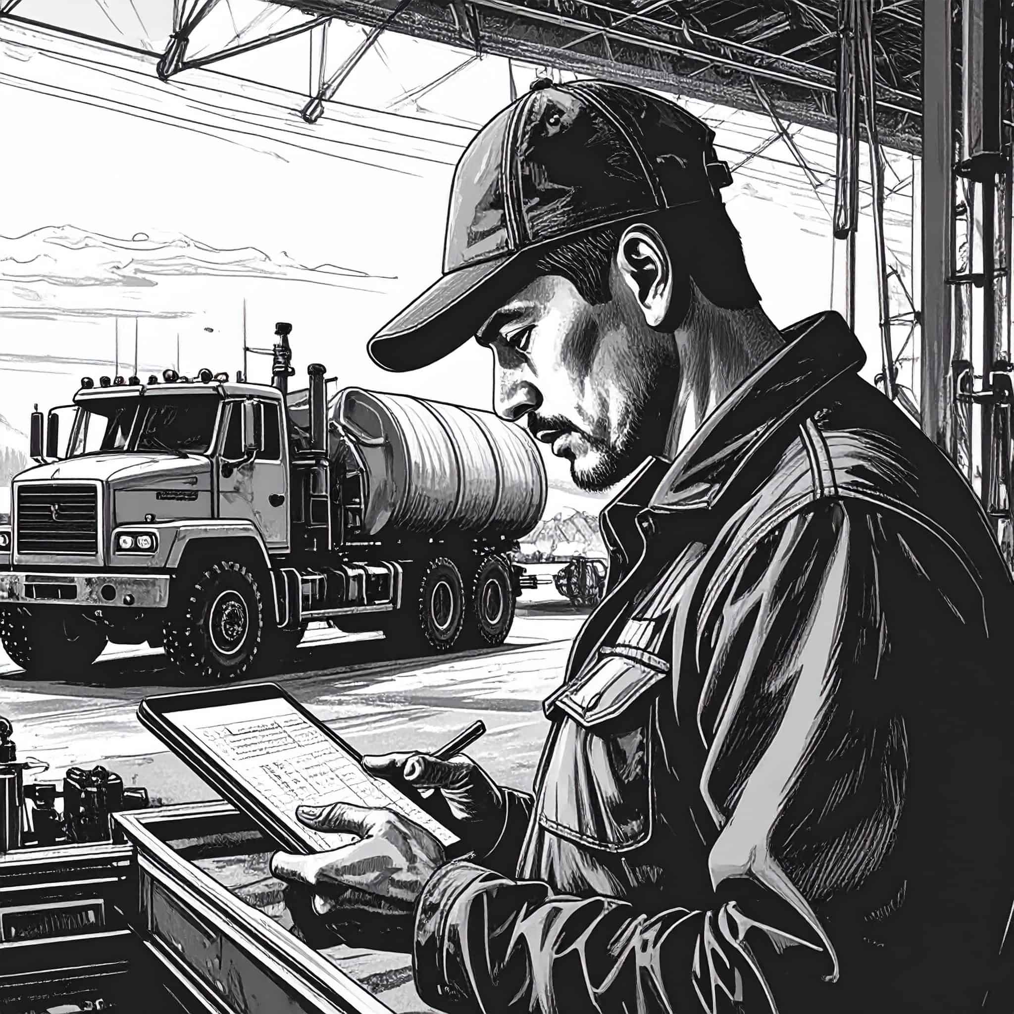 male worker, looking closely to a military truck